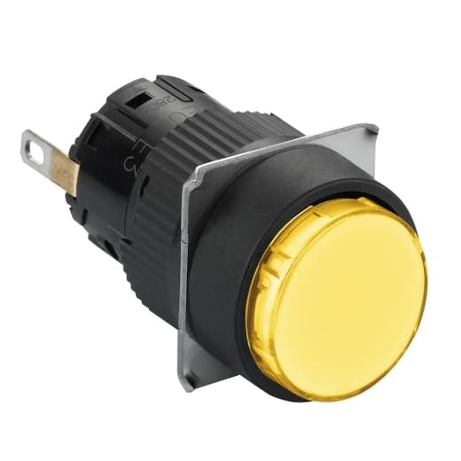 Schneider Electric XB6EAV5BP Schneider Electric XB6EAV5BP is a monolithic pilot light/lamp with an integral LED designed for signaling applications. This component, part of the XB6 range, features a plastic body and bezel, ensuring compatibility with various industrial environments. It offers a fast connector socket for ease of connection, with both fast-on (insulated) and solder pins terminal types available. The round-shaped pilot light has a diameter of 16 mm and is equipped with a yellow LED, operating at a supply voltage of 24 V DC. It is rated with a degree of protection of IP65, indicating a high level of protection against dust ingress and water jets from any direction. XB6EAV5BP on Powermatic Associates