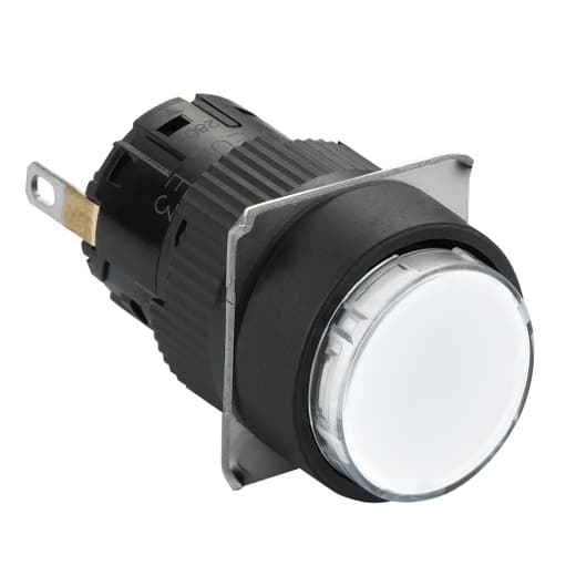 Schneider Electric XB6EAV1BP Schneider Electric XB6EAV1BP is a monolithic pilot light/lamp with an integral LED designed for signaling applications. This component, part of the XB6 range, features a plastic body and bezel, ensuring compatibility with various industrial environments. It offers a fast connector socket for quick and secure connections, with both fast-on (insulated) and solder pins terminal types available for versatile wiring options. The round-shaped pilot light has a diameter of 16 mm and is equipped with a white LED, providing clear visibility. It operates on a 24 V DC supply voltage and is rated with an IP65 degree of protection, signifying dust tightness and protection against water jets from any direction. XB6EAV1BP on Powermatic Associates