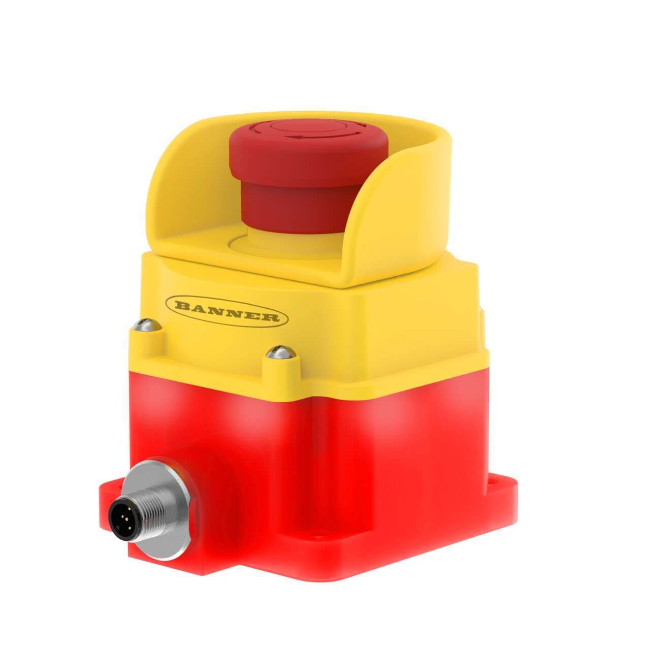 Banner SSA-EB1PLS1-12ED1Q8 Emergency Stop: Flush Mounting 40 mm Push Button; Environ. Rating: IP65; Lighted; Color: Red Solid; 2 N.C. Safety Contacts; 1 N.O. aux. Contacts; 8-pin M12 QD; ESC-1-YW Button Shroud Installed SSA-EB1PLS1-12ED1Q8 on Powermatic Associates