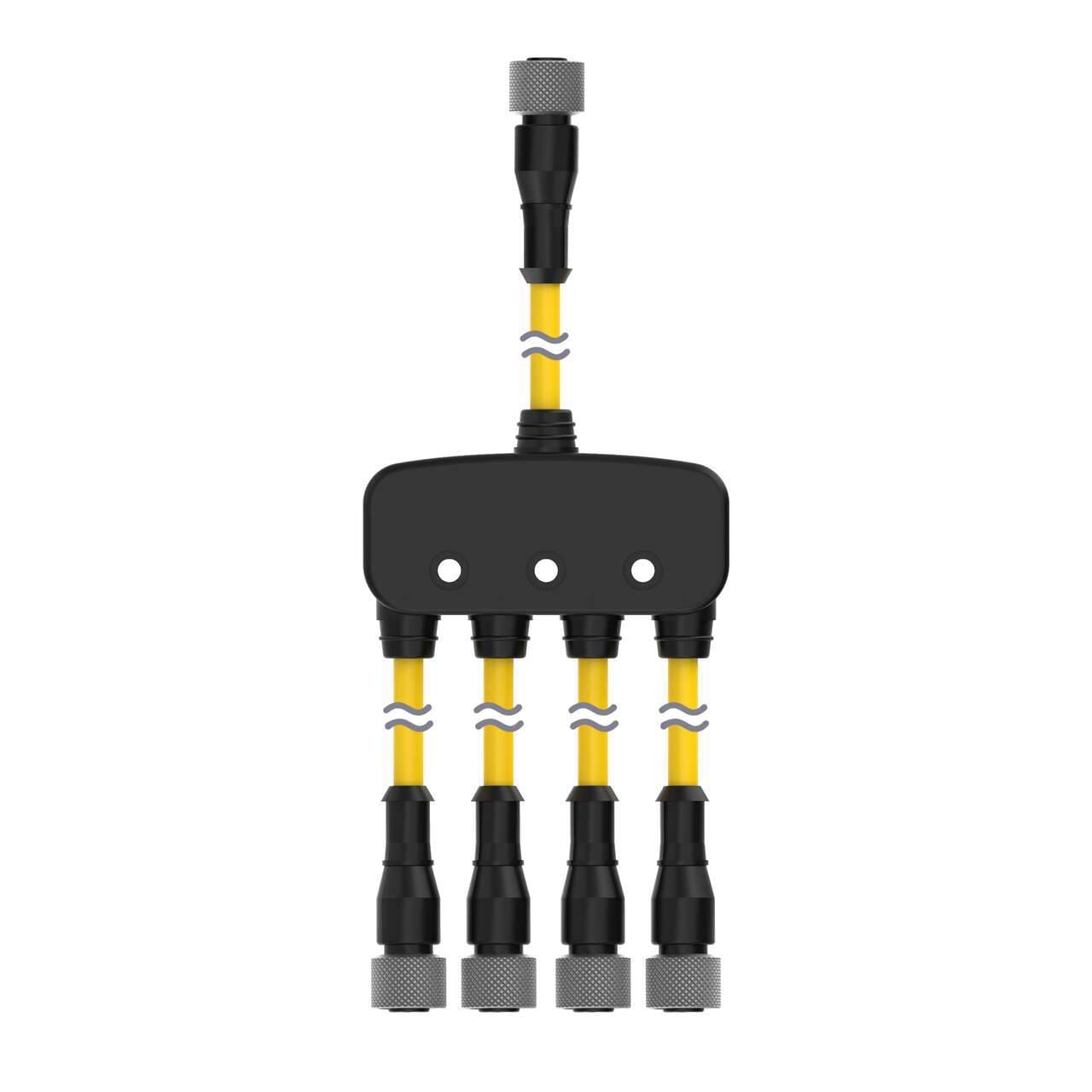Banner SGSA-MCS-4 SGS Safety Grid System, Accessory Muting; Connection Cable for T Configuration; M12 QD Splitter Cable; 4-pin Straight Female 0.3 m (1 ft) Trunk; Four Straight 4-pin Female Branches 0.3 m (1 ft); Black Jacket; Nickel-Plated Brass Coupling Nuts SGSA-MCS-4 on Powermatic Associates