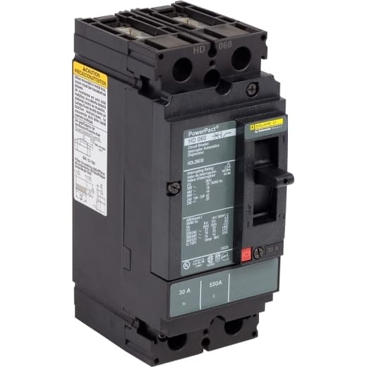 Schneider Electric HDL26030C Square D by Schneider Electric HDL26030C is a Moulded Case Circuit Breaker (MCCB) within the PowerPacT HDL sub-range, designed with a PowerPact H-Frame 150 TMD 2P 30A 600Vac/250Vdc 14kA with lugs 100% rated for connections on both load and line sides. It features 2 poles (2P) and offers protection functions including thermal protection for overload and magnetic protection for short-circuit scenarios. The rated current is 30A, with a rated insulation voltage (Ui) of 750 V, and it operates at a rated voltage (AC) of 600Vac 600Y/347Vac. This unit is designed for individual unit mount on plate, with a net height of 163 mm, a net width of 104 mm, and a net depth of 86 mm. It provides a degree of protection of IP40 and operates via a toggle (manual) mode. Protection settings are fixed, with over-current protection at 30A, short-circuit hold current at 350A, and short-circuit trip current at 750A. The rated operating voltage (Ue) is 690 V, with a rated impulse voltage (Uimp) of 8 kV. The trip current rating is 30 AT, and it has a frame current rating of 150 AF. Its short circuit breaking rating varies with voltage, including 25kA at 240Vac, 18kA at 480Vac and 480Y/277Vac, 14kA at 600Vac and 600Y/347Vac, and 20kA at 250Vdc, all in accordance with UL489. The trip unit type is thermal-magnetic (fixed) without a display, and it falls under utilisation category A. HDL26030C on Powermatic Associates