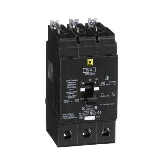 Schneider Electric EGB34015 Square D by Schneider Electric EGB34015 is a Miniature Circuit Breaker (MCB) designed for bolt-on mounting with a visual trip indicator. It features lugs type terminals and is rated for 480 V AC. This MCB offers short-circuit and overload protection, functioning as both an Equipment Protection Device (EPD) and a Circuit Breaker (CB) with a breaking capacity code G. It supports an aluminium lugs connection and has a rated current of 15A across 3 poles. The cross-section compatibility is 14-6AWG for one copper cable. It boasts a short circuit breaking rating of 65kA at 120Vac and 240Vac, and 35kA at 480Y/277Vac. The thermal-magnetic trip unit type has protection settings with a trip unit rating of 875A. EGB34015 on Powermatic Associates
