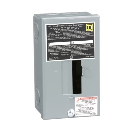 Schneider Electric QO2L30S Square D by Schneider Electric QO2L30S is a load center designed for surface mounting with a rated current of 30A. It features a connection type of lugs and dimensions of H171mm x W97mm (H6.73" x W3.82"), accommodating 2-spaces. This load center is protected by a NEMA 1 rated welded sheet steel enclosure and includes a tin-plated aluminium busbar. It is compatible with a single-phase (1PH-3W) network and operates at a rated voltage of 120Vac/240Vac. The QO2L30S can support 2 single pole circuits and is designed for use with cross-sections of 12AWG to 10AWG for aluminium lugs and 14AWG to 10AWG for copper lugs. It has a short circuit breaking rating of 10kA. QO2L30S on Powermatic Associates