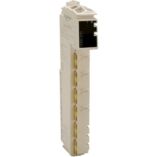 Schneider Electric TM5SDI4D Schneider Electric TM5SDI4D is an I/O unit categorized under the Modicon TM5 I/O modules sub-range, designed specifically as a DC digital input module. It features a connection type of removable spring terminal block, which is sold separately, and comes in a white color. The unit operates on a supply voltage of 19-30Vdc, with a nominal voltage of 24Vdc, and is mounted via symmetrical DIN rail mounting. It is designed to operate within an ambient air temperature range of +14 to +131°F (-10 to +55°C) for horizontal installation, with a derating factor allowing for +14 to +140°F (-10 to +60°C) in vertical installation and +14 to +122°F (-10 to +50°C) in horizontal installation. The TM5SDI4D offers an IP20 degree of protection and consumes 28mA of current at 5Vdc via bus and 25mA at 24Vdc with all inputs ON. It includes protection functions such as short-circuit and overload protection. This module is equipped with 4 x 24Vdc digital inputs (Sink) and can operate in ambient air temperatures for storage ranging from -40 to +158°F (-40 to +70°C). Humidity tolerance is 5-95% without condensation, and power dissipation/losses are rated at 0.73 W. TM5SDI4D on Powermatic Associates