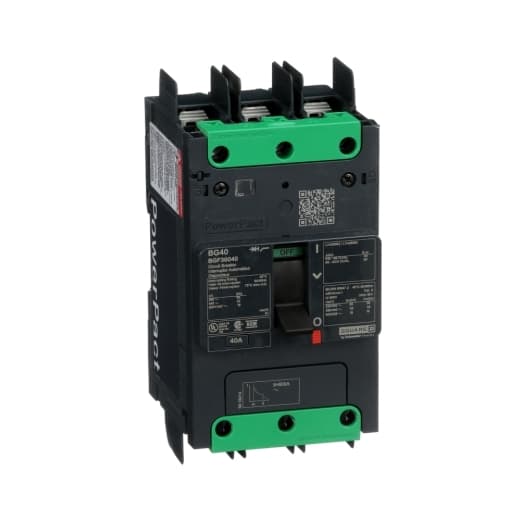 Schneider Electric BGF36040 Square D by Schneider Electric BGF36040 is a Moulded Case Circuit Breaker (MCCB) within the PowerPacT BGF sub-range. It features a PowerPact B-Frame 100 TMD 3P-3t design with a rated current of 40A and a rated voltage of 600Vac 600Y/347Vac. The breaker is equipped with a term. nut kit for fixed busbar connection on both line and load sides, offering a degree of protection of IP40. It has a mechanical durability of 15,000 operations and can be mounted on a DIN rail or as an individual unit on a plate. This 3-pole (3P) device has a net height of 137 mm, a net depth of 80 mm, and a net width of 81 mm. It operates with a rated impulse voltage (Uimp) of 8 kV and has protection settings including over-current fixed at 40A, short-circuit hold current fixed at 400A, and short-circuit trip current fixed at 600A. The rated insulation voltage (Ui) is 800 V, with a rated operating voltage (Ue) of 525 V. It provides thermal and magnetic protection, with a trip current rating of 40 AT and an electrical durability of 10,000 operations at 440Vac. The frame current rating is 100 AF, and it operates via a toggle (manual) mode. The short circuit breaking rating varies with voltage, up to 65kA at 240Vac and 20kA at 250Vdc, according to UL489 standards. The trip unit type is thermal-magnetic (fixed) without a display. BGF36040 on Powermatic Associates