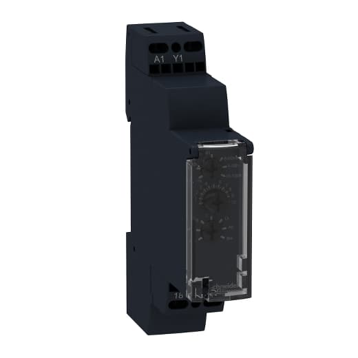 Schneider Electric RE17LMBM Schneider Electric RE17LMBM is an analog timer designed for DIN rail mounting, featuring a modular design at 18mm / 1module. It offers a versatile range of functions including A, Ac, At, B, Bw, C, D, Di, H, and Ht. The timer operates with a rated current of 0.7 A and falls under the RE17L sub-range. It provides a degree of protection rated at IP40 for the housing, IP20 for the terminal block, and IP50 for the front panel. Constructed from self-extinguishing material, the RE17LMBM has a power consumption of 3 VA at 240Vac and includes 1 x solid state output contact type. It can withstand a rated impulse voltage of 5 kV and accepts a supply voltage ranging from 24-240 V AC, with a minimum of 20.4 V. This timer is designed for electrical durability with load up to 100,000,000 operations and offers a time delay range from 0.1s to 100h or 0.1 to 360,000 s. It operates within a temperature range of -20°C to +60°C. RE17LMBM on Powermatic Associates