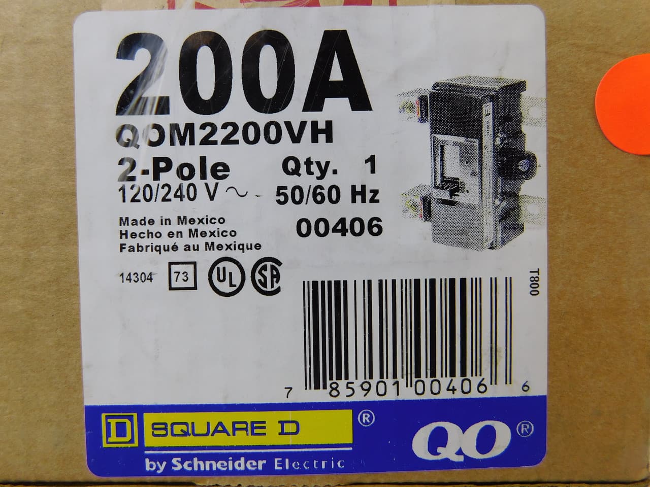 Schneider Electric QOM2200VH Square D by Schneider Electric QOM2200VH is a Miniature Circuit Breaker (MCB) designed for primary or main circuit breaker applications. It features a bolt-on mounting mode and a bolt-on connection type, ensuring secure installation. This MCB is rated for a current of 200A and can accommodate a voltage range of 120V to 240V AC. It is compatible with cables having a cross-section of 4AWG-300kcmil for both aluminum and copper wires, facilitated by lug-type terminals. The QOM2200VH is a 2-pole circuit breaker with a short circuit breaking rating of 22kA at 240Vac, making it suitable for a variety of electrical circuit protection needs. QOM2200VH on Powermatic Associates