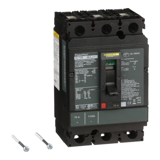 Schneider Electric HJL36070C Square D by Schneider Electric HJL36070C is a Moulded Case Circuit Breaker (MCCB) within the PowerPacT HJL sub-range, featuring a PowerPact H-Frame 150 TMD design. It is a 3-pole (3P) device with a rated current of 70A and offers thermal protection (overload) and magnetic protection (short-circuit). The breaker has a rated insulation voltage (Ui) of 750 V, a rated voltage (AC) of 600Vac/600Y/347Vac, and a rated voltage (DC) of 250Vdc. It is designed for individual unit mount on plate with lugs on both load and line sides for connection. The net dimensions are 163 mm in height, 104 mm in width, and 86 mm in depth, with a degree of protection of IP40. The operating mode is manual toggle, and it features over-current protection fixed at 70A, short-circuit hold current fixed at 800A, and short-circuit trip current fixed at 1450A. The rated operating voltage (Ue) is 690 V, with a rated impulse voltage (Uimp) of 8 kV. The trip current rating is 70 AT, frame current rating is 150 AF, and it has a short circuit breaking rating of up to 100kA at 240Vac, 65kA at 480Vac/480Y/277Vac, 25kA at 600Vac/600Y/347Vac, and 20kA at 250Vdc, all according to UL489 standards. The trip unit type is thermal-magnetic (fixed) with no display, and it falls under utilisation category A. HJL36070C on Powermatic Associates