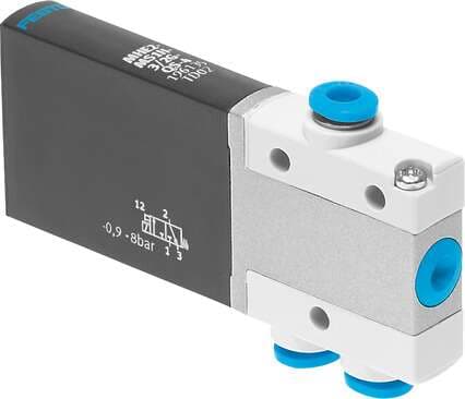 Festo 196135 solenoid valve MHE2-MS1H-3/2G-QS-4 individual valve, fast switching. Valve function: 3/2 closed, monostable, Type of actuation: electrical, Width: 10 mm, Standard nominal flow rate: 100 l/min, Operating pressure: -0,9 - 8 bar 196135 on Powermatic Associates