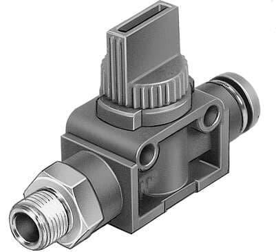 Festo 190867 shut-off valve HE-2-1/4-QS-5/16-U Valve function: 2/2 bistable, Pneumatic connection, port 1: 1/4 NPT, Pneumatic connection, port 2: QS-5/16, Type of actuation: manual, Mounting type: (* Direct mounting via through-holes, * Direct mounting via threads, 190867 on Powermatic Associates