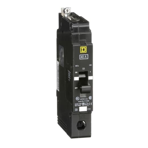 Schneider Electric EGB14040 Square D by Schneider Electric EGB14040 is a Miniature Circuit Breaker (MCB) designed for bolt-on mounting with a visual trip indicator. It features lugs type terminals and is rated for 277V AC. This MCB offers short-circuit and overload protection, functioning as both an Equipment Protection Device (EPD) and a Circuit Breaker (CB) with a breaking capacity code G. It utilizes an aluminium lugs connection and supports a rated current of 40A across 1 Pole(s). The cross-section compatibility ranges from 12-2/0AWG. It has a short circuit breaking rating of 65kA at 120Vac, 35kA at 240Vac, and 35kA at 277Vac. The trip unit is thermal-magnetic with protection settings at a trip unit rating of 1800A. EGB14040 on Powermatic Associates