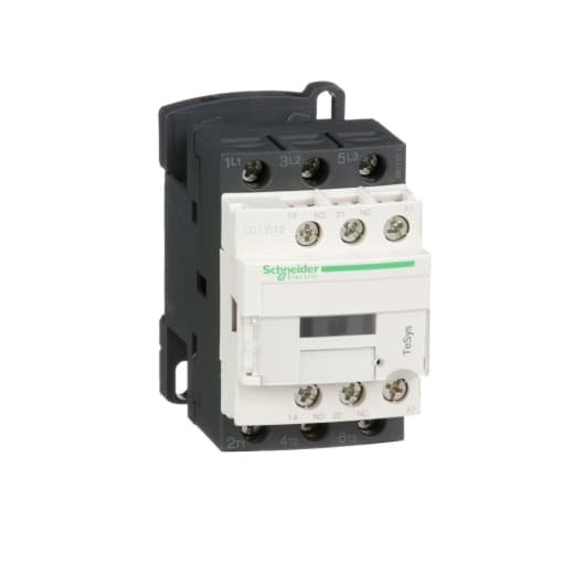 Schneider Electric LC1D12B7 Schneider Electric LC1D12B7 is a magnetic contactor from the Deca sub-range, designed with screw connections and three poles (3P; 3NO). It has a rated current of 25A for AC-1 and 12A for AC-3 at 440Vac. This contactor is suitable for DIN rail mounting and has a net width of 45 mm. It offers a degree of protection of IP20 and operates with a control voltage (AC) range of 19.2-26.4Vac at 50Hz and 20.4-26.4Vac at 60Hz. The LC1D12B7 is capable of handling a rated operating voltage (Ue) up to 690 V and includes 1 normally open (NO) auxiliary contact. It has a rated impulse voltage (Uimp) of 6 kV and supports rated active power of up to 7.5kW for various AC-3 voltage ranges. Additionally, it features 1 normally closed (NC) auxiliary contact and instantaneous auxiliary contacts type of 1NO+1NC. The rated power (HP) varies from 0.5HP at 115Vac in single-phase to 10HP at 575-600Vac in three-phase, under UL/CSA standards. Its mechanical durability is rated at 15 million operations at no load, and its electrical durability is rated at 2 million operations with load. The rated voltage (AC) for phase-to-phase is 690 V. LC1D12B7 on Powermatic Associates
