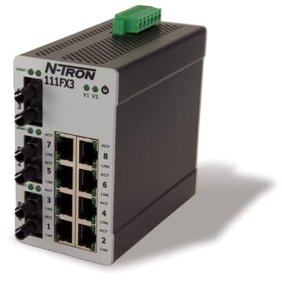 Red Lion 111FXE3-ST-40 Red Lion 111FXE3-ST-40 is an industrial Ethernet switch designed for robust networking applications. It operates with a supply voltage range of 10-49Vdc, including 12Vdc, 24Vdc, and 48Vdc, supported by redundant power inputs. This switch features 8 RJ45 ports supporting 10/100BaseTX and 3 fiber optic ST connectors for single-mode fibers, capable of transmitting data over a 40km rated optical fiber length. It is designed to function within an ambient air temperature range for storage of -40 to +80 degrees Celsius. The 111FXE3-ST-40 is housed in a metallic case, adheres to an IP30 rated voltage (AC), and utilizes DIN rail technology for mounting. It is part of the N-Tron 100 series, as indicated by its UNSPSC code, and is equipped with Ethernet speed and rated impulse voltage (Uimp) specifications, emphasizing its utility in industrial environments requiring reliable long-distance communication. 111FXE3-ST-40 on Powermatic Associates