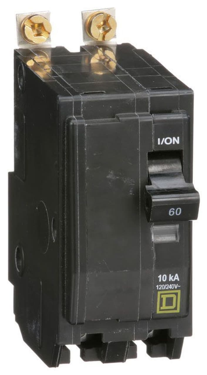 Schneider Electric QOB260 Square D by Schneider Electric QOB260 is a Miniature Circuit Breaker (MCB) designed for bolt-on mounting. It features a rated current of 60A and accommodates a bolt-on connection type. This MCB is compatible with a voltage rating of 48Vdc and 120V/240V AC, supporting a cross-section of 8-2AWG (1 cable Al/Cu). It is a 2 Pole device with a short circuit breaking rating of 10kA at 240Vac and 5kA at 48Vdc. The terminals are of the box lugs type. QOB260 on Powermatic Associates