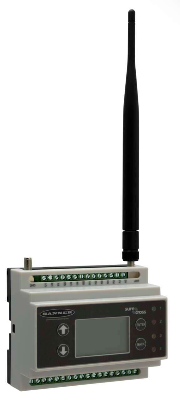 Banner DXM100-B1R1 DXM100 Controller; DX80 Performance Gateway 900 MHz 1 W; Inputs: 4 Universal; Outputs: 4 NMOS Discrete, 2 Selectable Analog, 2 Switched Power, 1 Courtesy Power; SAM4 processor, LCD Display; RS485, Ethernet, USB, CAN, RS232, Solar/Battery Controller DXM100-B1R1 on Powermatic Associates