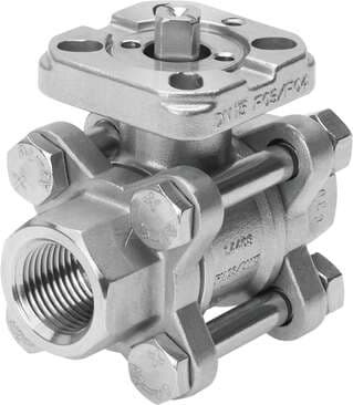 Festo 1686625 ball valve VZBA-1/4"-GG-63-T-22-F0304-V4V4T 2/2-way, flange hole pattern F0304, thread EN 10226-1. Design structure: 2-way ball valve, Type of actuation: mechanical, Sealing principle: soft, Assembly position: Any, Mounting type: Line installation 1686625 on Powermatic Associates