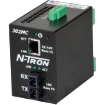 Red Lion 302MCE-N-ST-15 Red Lion 302MCE-N-ST-15 is a media converter designed for converting signals between copper and fiber optic media. It operates on a supply voltage range of 10-30Vdc, including standard 12Vdc and 24Vdc. This unit features a single RJ45 port supporting 10/100BaseTX and a fiber optic ST connector for single-mode fiber with a 100BaseFX rating, suitable for lengths up to 15km. It incorporates N-View monitoring for enhanced network visibility and is housed in a metal case suitable for DIN rail mounting. The device is designed to withstand ambient air temperatures for storage ranging from -40 to +70 degrees Celsius. It falls under the N-Tron 302MC series and is categorized with the UNSPSC code specific to its series and function. 302MCE-N-ST-15 on Powermatic Associates