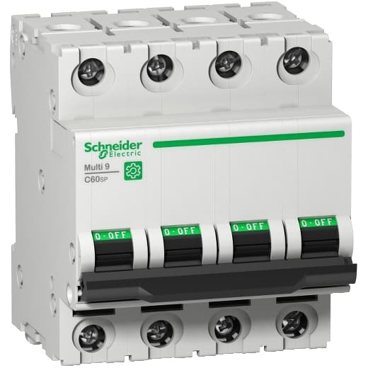 Schneider Electric M9F23425 Schneider Electric M9F23425 is a Miniature Circuit Breaker (MCB) within the C60SP sub-range, designed with 4 poles and a rated current of 25A. It features a short circuit breaking rating of 14kA AIR at 240Vac and 10kA AIR at 480Y/277Vac. All four poles are protected, and it operates with a D tripping curve. This MCB is compliant with UL1077 standards. M9F23425 on Powermatic Associates