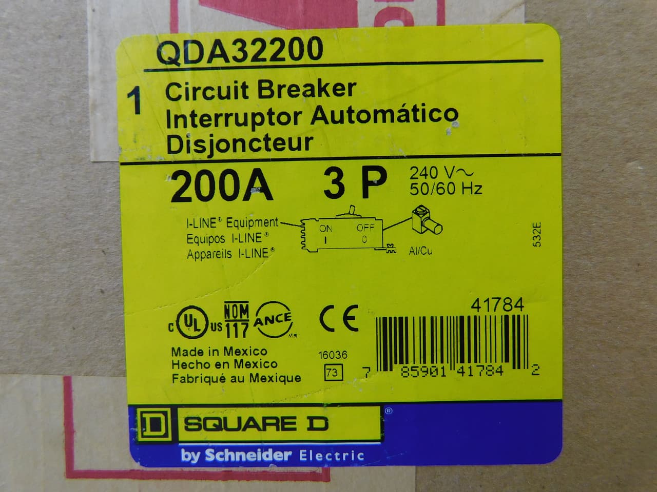 Schneider Electric QDA32200 Square D by Schneider Electric QDA32200 is a Moulded Case Circuit Breaker (MCCB) designed for mounting on I-line with line side isolated plug-on jaws and a mechanical I-Line bracket mechanism for robust attachment. It features a PowerPact Q-Frame 250 TMD 3P 200A 240Vac 25kA I-line ABC 80% rated design, with a net height of 114 mm, width of 164 mm, and depth of 100 mm. This 3-pole (3P) circuit breaker has a rated current of 200A and operates at a rated voltage of 240Vac. The connection type is an I-line connection for ABC phases. It offers thermal protection for overload and magnetic protection for short-circuit conditions, with a trip current rating of 200 AT and a frame current rating of 250 AF. The short circuit breaking rating is 25kA at 240Vac, in compliance with UL489. The trip unit type is thermal-magnetic (fixed), without a display. It falls under the utilisation category A, with protection settings over-current fixed at 200A, short-circuit hold current fixed at 1200A, and short-circuit trip current fixed at 2400A. QDA32200 on Powermatic Associates