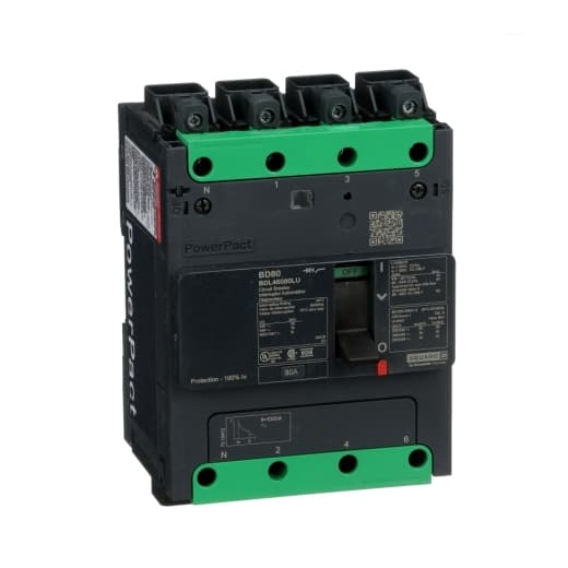 Schneider Electric BDL46080LU Square D by Schneider Electric BDL46080LU is a Moulded Case Circuit Breaker (MCCB) within the PowerPacT BDL sub-range. It features a PowerPact B-Frame design, 100 TMD 4P 80A 600Y/347Vac 14kA, with Everlink (Creep compensating) lugs on both line and load sides and a Control Wire terminal (CWT) on the line side only. This MCCB has a rated impulse voltage (Uimp) of 8 kV, an IP40 degree of protection, and a rated current of 80A. It operates at a rated voltage (AC) of 600Vac 600Y/347Vac, with mechanical durability of 20,000 operations at no load. The unit can be mounted on a DIN rail or individually on a plate, features 4 poles (4P), and has dimensions of 137 mm in height, 80 mm in depth, and 108 mm in width. It falls under utilisation category A, with protection settings including over-current fixed at 80A, short-circuit hold current fixed at 800A, and short-circuit trip current fixed at 1200A. The rated voltage (DC) is 250Vdc, with a rated insulation voltage (Ui) of 800 V, and a rated operating voltage (Ue) of 525 V. Protection functions include thermal protection for overload and magnetic protection for short-circuit, with a trip current rating of 80 AT. Its electrical durability with load is 10,000 operations at 440Vac; In, and it has a frame current rating of 100 AF. The operating mode is toggle (manual), and it has a short circuit breaking rating of 25kA at 240Vac, 18kA at 480Vac and 480Y/277Vac, and 14kA at 600Y/347Vac under UL489 standards. The trip unit type is thermal-magnetic (fixed) with no display. BDL46080LU on Powermatic Associates