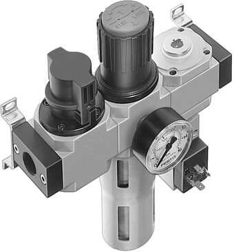 Festo 185772 service unit LFR-1/4-D-MIDI-KF-A consisting of manual on/off valve, filter regulator, distributor module and pressure switch, without socket, with mounting brackets. With automatic condensate drain. Size: Midi, Series: D, Actuator lock: Rotary knob with l 185772 on Powermatic Associates