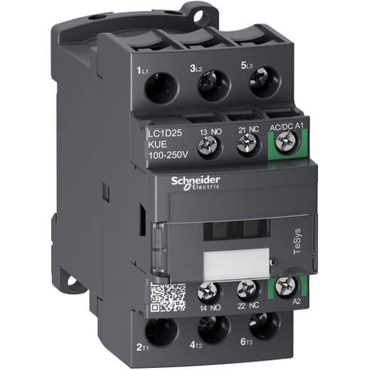 Schneider Electric LC1D25KUE Schneider Electric LC1D25KUE is a contactor from the Deca Green sub-range designed with a low-consumption coil (1.4VA / 1.3W) that is electronically-controlled. It features screw connections and is equipped with 3 poles (3P; 3NO). The rated current is 40A for AC-1 and 25A for 440Vac in AC-3. This contactor is suitable for DIN rail mounting and has an IP20 degree of protection. It operates with a control voltage range of 85-275Vdc (100-250Vdc nominal; 0.85...1.1 x Uc) for DC and 85-275Vac (100-250Vac nominal; 50Hz/60Hz; 0.85...1.1 x Uc) for AC. The rated operating voltage (Ue) is up to 690 V. It includes 1 Normally Open (NO) auxiliary contact and 1 Normally Closed (NC) auxiliary contact, with a contact type of 1NO+1NC instantaneous aux. The rated impulse voltage (Uimp) is 6 kV. Rated active power ranges from 5.5kW at 220-230Vac to 15kW at 660-690Vac in AC-3. Rated power in horsepower (HP) varies from 2HP at 115Vac to 20HP at 575-600Vac, accommodating both single-phase and 3-phase systems under UL/CSA standards. Mechanical durability is rated at 15 million operations at no load, and the power consumption is 1.3 W. LC1D25KUE on Powermatic Associates