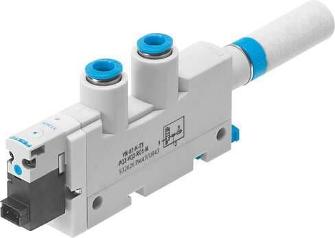 Festo 532640 vacuum generator VN-10-H-T3-PQ2-VQ2-RO1-B With ejector pulse and built-in solenoid valve. Standard, high vacuum, width 14 mm, T shape with plug connector and open silencer. Nominal size, Laval nozzle: 0,95 mm, Grid dimension: 14 mm, Design, silencer: open 532640 on Powermatic Associates