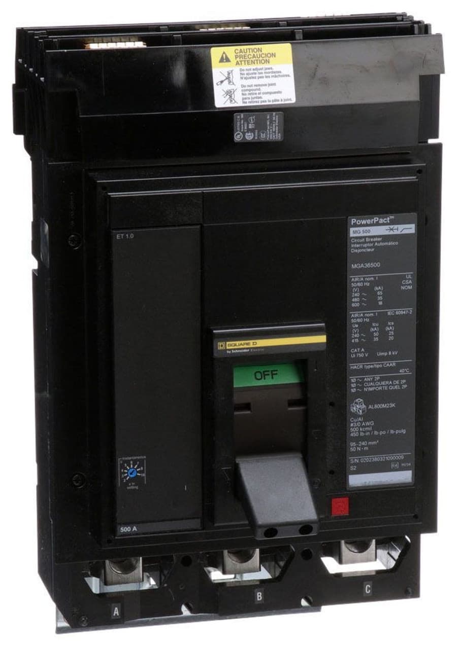 Schneider Electric MGA36500 Square D by Schneider Electric MGA36500 is a Moulded Case Circuit Breaker (MCCB) designed for mounting on I-line with line side isolated plug-on jaws and a mechanical I-Line bracket mechanism for robust attachment. It features a PowerPact M-Frame 800 ET1 (LI) 3P 500A 600Vac 18kA I-line design, with a net height of 210 mm, width of 153 mm, and depth of 204 mm. This 3-pole (3P) circuit breaker has a rated current of 500A and operates with an I-line connection across ABC phases. It belongs to the PowerPacT MGA sub-range and supports a rated voltage of 600Vac 600Y/347Vac, with a rated operating voltage (Ue) of 600 V. The MGA36500 offers protection functions including Long-time protection (L) and Instantaneous protection (I), with a trip current rating of 500 AT and a frame current rating of 800 AF. Its short circuit breaking rating is specified as 65kA at 240Vac, 35kA at 480Vac and 480Y/277Vac, and 18kA at 600Vac and 600Y/347Vac, all in accordance with UL489 standards. The trip unit is an electronic ET1.0 (LI) series without a display, featuring utilisation category A and protection settings for overload fixed at 500A and short-circuit protection adjustable between 1.5 to 12 times the rated current (1200A to 6000A). MGA36500 on Powermatic Associates