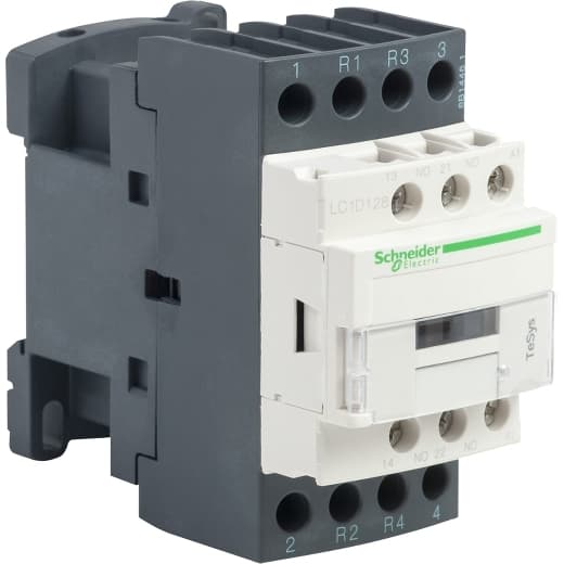 Schneider Electric LC1D128F7 Schneider Electric LC1D128F7 is a magnetic contactor from the Deca sub-range, featuring screw connections and a 4-pole (4P; 2NO+2NC) configuration. It has a rated current of 25A (AC-1) and is designed for DIN rail mounting. The net width of the contactor is 45 mm, and it offers a degree of protection of IP20. The control voltage (AC) ranges from 88-121Vac (110Vac nominal; 50Hz; 0.8...1.1 x Uc) to 93.5-121Vac (110Vac nominal; 60Hz; 0.85...1.1 x Uc), with a rated operating voltage (Ue) of 690 V. It includes 1 Normally Open (NO) and 1 Normally Closed (NC) auxiliary contacts, with a contacts type of 1NO+1NC instantaneous aux. The rated impulse voltage (Uimp) is 6 kV, and it boasts a mechanical durability of 15,000,000 operations at no load. The rated voltage (AC) phase-to-phase is 690 V. LC1D128F7 on Powermatic Associates