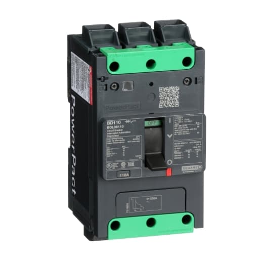 Schneider Electric BDL36110 Square D by Schneider Electric BDL36110 is a Moulded Case Circuit Breaker (MCCB) within the PowerPacT BDL sub-range, featuring a PowerPact B-Frame 125 TMD design. It is a 3-pole (3P) device with a rated current of 110A and a rated voltage of 600Vac 600Y/347Vac. The breaker is equipped with Everlink (Creep compensating) lugs on both line and load sides for connections and offers a degree of protection of IP40. It has a rated impulse voltage (Uimp) of 8 kV and mechanical durability of 20,000 operations at no load. The device can be mounted on a DIN rail or as an individual unit on a plate, with dimensions of 137 mm in height, 80 mm in depth, and 81 mm in width. It features fixed protection settings for over-current at 110A, short-circuit hold current at 1000A, and short-circuit trip current at 1500A. The BDL36110 also provides thermal protection for overload and magnetic protection for short-circuits, with a trip current rating of 110 AT. Its electrical durability with load is rated at 10,000 operations at 440Vac. The frame current rating is 125 AF, and it operates manually via a toggle. The short circuit breaking rating varies with voltage, up to 25kA at 240Vac and down to 10kA at 250Vdc, according to UL489 standards. The trip unit type is thermal-magnetic (fixed) without a display. BDL36110 on Powermatic Associates