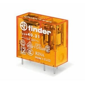 Finder 40.31.8.230.0000 Finder 40.31.8.230.0000 is a relay with a solder pin connection type, designed for a rated current of 10A at 250Vac (AC-1) and 10A at 30Vdc (DC-1), with lower currents of 0.3A at 110Vdc and 0.12A at 220Vdc for Normally Open (NO) auxiliary contacts. It supports a supply voltage of 1C/O / SPDT (Single Pole Double Throw), with an ambient air temperature for operation at 500VA (230Vac) and for storage at 2500VA (250Vac). The rated voltage for AC operation is specified with an ambient temperature range of -40 to +85 degrees Celsius. It utilizes a communication protocol labeled 'C', with a net width of 250Vac and a depth of 25 mm. The control voltage for AC is rated at 6 kV, with a mounting mode of 29 mm and a rated active power for 1 Pole(s). The power consumption is noted at 230Vac (50Hz/60Hz), with a residual current sensitivity suitable for PCB and plug-in applications. The visual position indicator is defined by 5.3mm pins pitch, and the durability is rated for 200,000 operations for Normally Closed (NC) circuits, with a material composition of AgNi (Silver Nickel) for contacts, capable of up to 10,000,000 operations. The length is specified as 12.4 mm, with a color code for 230Vac operation. 40.31.8.230.0000 on Powermatic Associates
