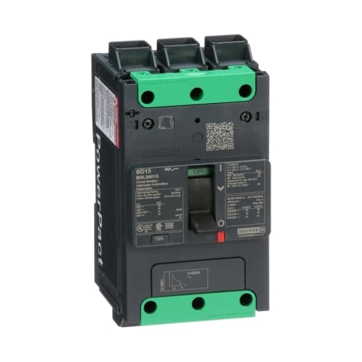 Schneider Electric BDL36015 Square D by Schneider Electric BDL36015 is a Moulded Case Circuit Breaker (MCCB) within the PowerPacT BDL sub-range, featuring a PowerPact B-Frame 100 TMD 3P 15A design for 600Y/347Vac with a 14kA breaking capacity and 80% rated Everlink (Creep compensating) lugs on both line and load sides. It has a rated impulse voltage (Uimp) of 8 kV, an IP40 degree of protection, and a rated current of 15A. The device operates at a rated voltage of 600Vac 600Y/347Vac, with a mechanical durability of 20,000 operations and can be mounted on a DIN rail or as an individual unit on a plate. It features three poles (3P), with dimensions of 137 mm in height, 80 mm in depth, and 81 mm in width. The BDL36015 falls under utilisation category A and offers protection settings including over-current fixed at 15A, short-circuit hold current fixed at 400A, and short-circuit trip current fixed at 600A. It has a rated voltage for DC applications at 250Vdc, with a rated insulation voltage (Ui) of 800 V and a rated operating voltage (Ue) of 525 V. The protection functions include thermal protection for overload and magnetic protection for short-circuits, with a trip current rating of 15 AT. Its electrical durability with load is rated for 10,000 operations at 440Vac; In, and it has a frame current rating of 100 AF. The operating mode is manual toggle, and it has a short circuit breaking rating of 25kA at 240Vac, 18kA at 480Vac and 480Y/277Vac, 14kA at 600Y/347Vac according to UL489, and 10kA at 250Vdc. The trip unit type is thermal-magnetic (fixed) with no display. BDL36015 on Powermatic Associates