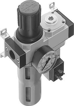 Festo 185760 service unit LFR-1/4-D-MIDI-KE-A consisting of filter regulator and distributor module, without socket, with mounting brackets. With automatic condensate drain. Size: Midi, Series: D, Actuator lock: Rotary knob with lock, Assembly position: Vertical +/- 5 185760 on Powermatic Associates