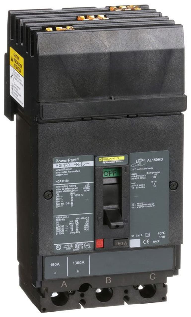 Schneider Electric HGA36150 Square D by Schneider Electric HGA36150 is a Moulded Case Circuit Breaker (MCCB) from the PowerPacT HGA sub-range, designed with a PowerPact H-Frame 150 TMD 3P 150A 600Vac/500Vdc 18kA I-line ABC 80% rated. It features a 3-pole (3P) configuration and offers thermal protection for overload and magnetic protection for short-circuit scenarios. The rated current is 150A, with a rated insulation voltage (Ui) of 750 V and rated voltages of 600Vac 600Y/347Vac for AC and 500Vdc for DC. This MCCB is designed for I-line connection (ABC phases) and mounts on I-line with line side isolated plug-on jaws plus a mechanical I-Line bracket mechanism for robust attachment. It has a net height of 163 mm, a net width of 104 mm, and a net depth of 86 mm. The degree of protection is IP40, and it operates manually via a toggle. Protection settings include over-current fixed at 150A, short-circuit hold current fixed at 900A, and short-circuit trip current fixed at 1700A. The rated operating voltage (Ue) is 690 V, with a rated impulse voltage (Uimp) of 8 kV. The trip current rating is 150 AT, and the frame current rating is 150 AF. Its short circuit breaking rating varies with voltage, including 65kA at 240Vac, 35kA at 480Vac and 480Y/277Vac, 18kA at 600Vac and 600Y/347Vac, and 20kA at 250Vdc and 500Vdc, all according to UL489 standards. The trip unit type is thermal-magnetic (fixed) with no display, and it falls under utilisation category A. HGA36150 on Powermatic Associates