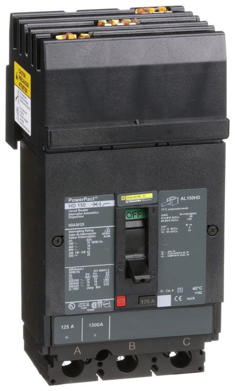 Schneider Electric HDA36125 Square D by Schneider Electric HDA36125 is a Moulded Case Circuit Breaker (MCCB) within the PowerPacT HDA sub-range, featuring a PowerPact H-Frame 150 TMD design. It is a 3-pole (3P) device with a rated current of 125A and offers thermal protection for overload and magnetic protection for short-circuit scenarios. This MCCB has a rated insulation voltage (Ui) of 750 V, with AC rated voltages of 600Vac and 600Y/347Vac, and a DC rated voltage of 250Vdc. It is designed for I-line connection (ABC phases) and mounts on I-line with line side isolated plug-on jaws plus a mechanical I-Line bracket mechanism, ensuring a robust attachment. The device has a net height of 163 mm, a width of 104 mm, and a depth of 86 mm, with a degree of protection rated at IP40. It operates manually via a toggle and has fixed protection settings for over-current at 125A, short-circuit hold current at 900A, and short-circuit trip current at 1700A. The rated operating voltage (Ue) is 690 V, with a rated impulse voltage (Uimp) of 8 kV. The trip current rating is 125 AT, with a frame current rating of 150 AF. Its short circuit breaking rating varies by voltage, including 25kA at 240Vac, 18kA at 480Vac and 480Y/277Vac, 14kA at 600Vac and 600Y/347Vac, and 20kA at 250Vdc, all according to UL489 standards. The trip unit type is thermal-magnetic (fixed) without a display, and it falls under utilisation category A. HDA36125 on Powermatic Associates
