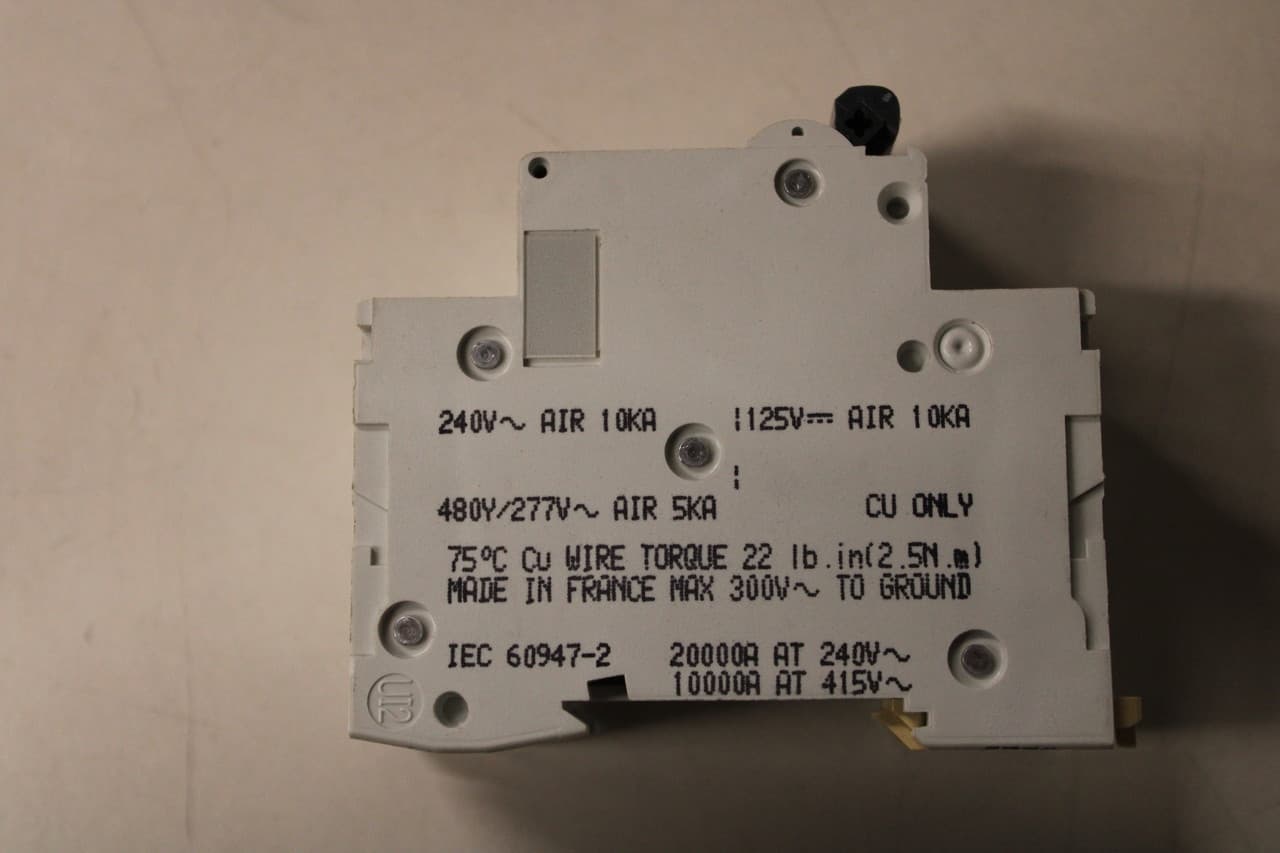 Schneider Electric MG17444 Schneider Electric MG17444 is a Miniature Circuit Breaker (MCB) designed as a supplementary protector within the C60 UL1077 sub-range. This 2-pole MCB is rated for a current of 5A and has an operating voltage (Ue) of 480V. It features a short circuit breaking rating of 10kA AIR at 240Vac, 5kA AIR at 480Y/277Vac, and 10kA AIR at 125Vdc. Both poles are protected, and it utilizes a C tripping curve. MG17444 on Powermatic Associates