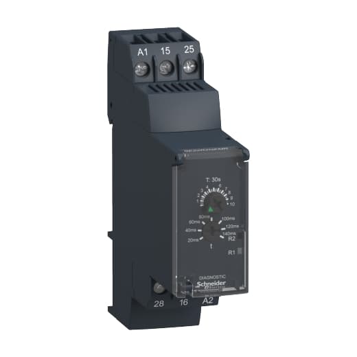 Schneider Electric RE22R2QEMR Schneider Electric RE22R2QEMR is an analog timer featuring a modular design of 18mm / 1 module with a single function timer, specifically a Star-delta timer (1 NC + 1 NO outputs with split common). It is equipped with a rotary knob and a diagnostic button for control, offering a recovery time of 120ms on de-energisation and a power-on delay of 100ms. This timer is designed for DIN rail mounting and has a rated current of 8 A. It falls under the RE22 sub-range and offers a degree of protection of IP40 for the housing, IP20 for the terminals, and IP50 for the front panel. The housing material is self-extinguishing, and the power consumption at 240Vdc is 1.5 W. It features DPDT (Double Pole Double Throw) - 2C/O contacts type, with a rated impulse voltage (Uimp) of 5 kV. The supply voltage ranges from 24-240 V AC/DC, with a minimum of 20.4 V. The display includes a green LED backlight for dial pointer indication, and yellow LEDs for various status indications including output relay energised, timing in progress, and output relay de-energised. Its electrical durability with load is rated at 100,000 operations at 250vac/24Vdc and 10,000,000 operations. The time delay range is 1s - 300h / 1 - 1,080,000 s, and it can operate within a temperature range of -20°C to +60°C. RE22R2QEMR on Powermatic Associates
