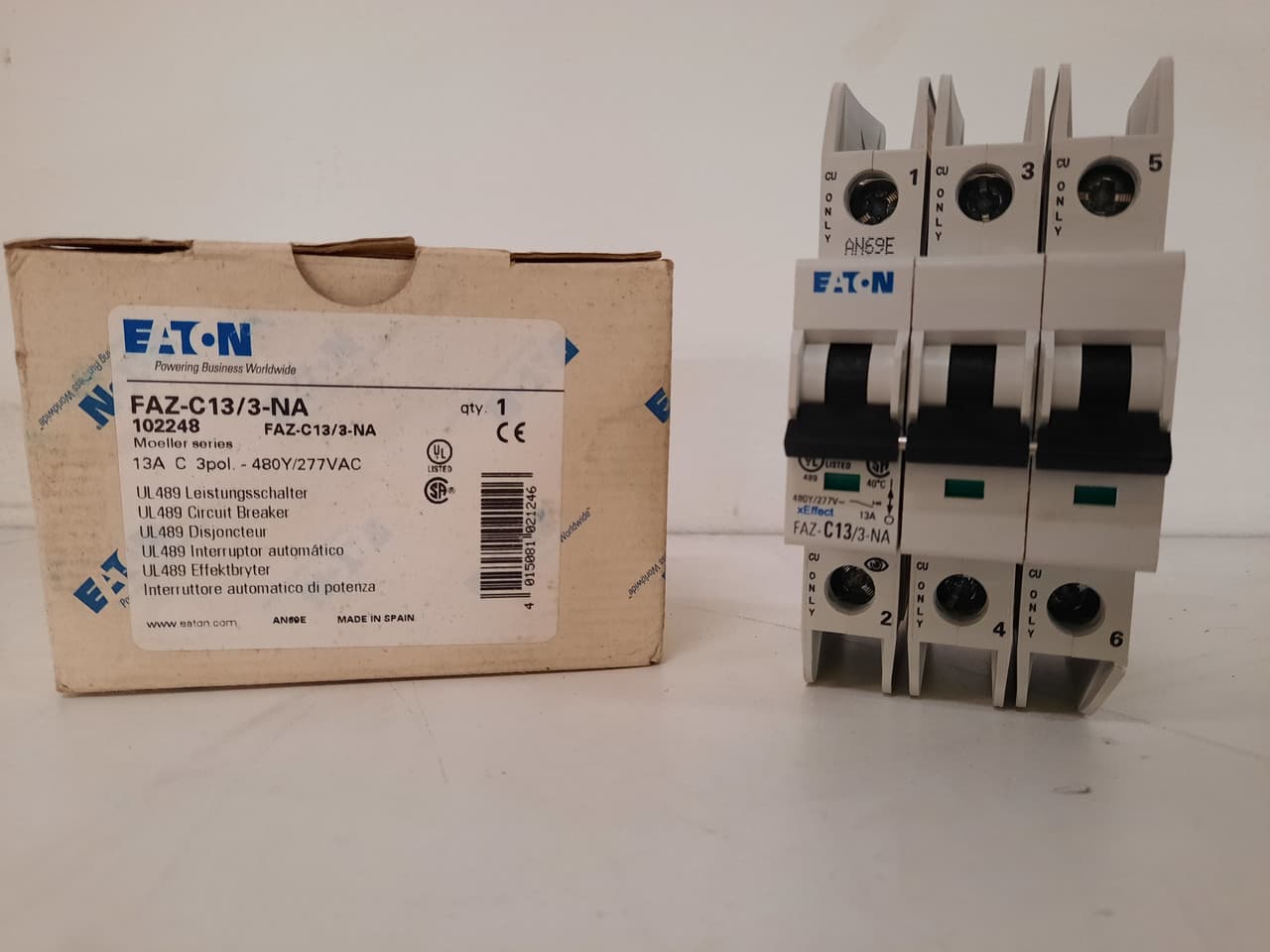 Eaton FAZ-C13/3-NA 277/480 VAC 50/60 Hz, 13 A, 3-Pole, 10/14 kA, 5 to 10 x Rated Current, Screw Terminal, DIN Rail Mount, Standard Packaging, C-Curve, Current Limiting, Thermal Magnetic FAZ-C13/3-NA on Powermatic Associates
