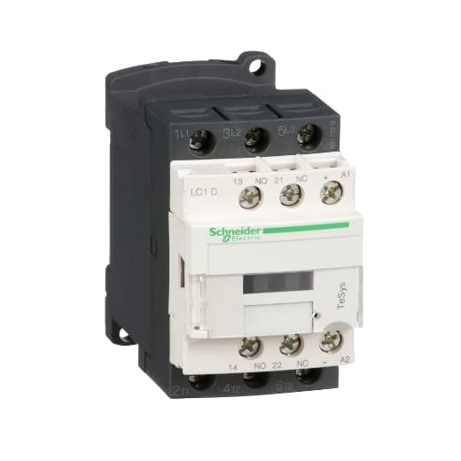 Schneider Electric LC1D18SD Schneider Electric LC1D18SD is a magnetic contactor from the Deca sub-range, featuring screw connections and designed with 3 poles (3P; 3NO). It has a rated current of 32A (AC-1) and 18A (440Vac; AC-3), with a mounting mode suitable for DIN rail installation. The net width of the contactor is 45 mm, and it offers a degree of protection rated at IP20. The control voltage (DC) ranges from 54-90Vdc, with a nominal value of 72Vdc. This contactor supports a rated operating voltage (Ue) up to 690 V and includes 1 normally open (NO) auxiliary contact. The rated impulse voltage (Uimp) is 6 kV, and it can handle rated active power ranging from 4kW at 220-230Vac to 10kW at 660-690Vac in AC-3 category. It also features 1 normally closed (NC) auxiliary contact with contacts type of 1NO+1NC instantaneous aux. The rated power in horsepower (HP) varies from 1HP at 115Vac in single-phase to 15HP at 575-600Vac in three-phase, according to UL/CSA standards. The mechanical durability of the LC1D18SD is rated at 15 million operations at no load, and its electrical durability with load is 1.6 million operations. The rated voltage (AC) for phase-to-phase connections is 690 V. LC1D18SD on Powermatic Associates