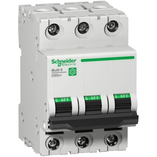 Schneider Electric M9F22345 Schneider Electric M9F22345 is a Miniature Circuit Breaker (MCB) within the C60SP sub-range, designed to comply with UL1077 standards. It features 3 poles, with each pole rated for a current of 45A. The device offers a short circuit breaking rating of 14kA AIR at 240Vac and 10kA AIR at 480Y/277Vac, ensuring protection across all three poles. It operates with a C tripping curve, tailored for a wide range of applications. M9F22345 on Powermatic Associates