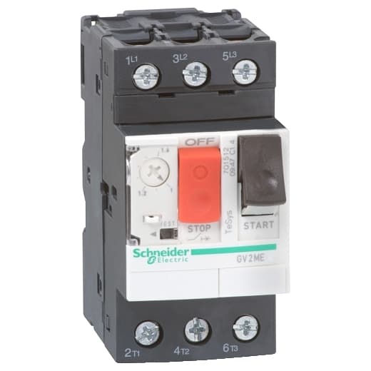 Schneider Electric GV2ME106 Schneider Electric GV2ME106 is a Motor Protection Circuit Breaker (MPCB) within the GV2ME sub-range, designed for thermal-magnetic motor protection and manual motor starting. It features 3 poles and offers protection functions against short-circuit and thermal overload. The rated current for this device is between 4 - 6.3 A, with a rated insulation voltage (Ui) of 690 V. It is designed for DIN rail mounting and has a net width of 45 mm. The operating mode is via a push-button, with protection settings for short-circuit pickup current fixed at 78A. The GV2ME106 has a rated impulse voltage (Uimp) of 6 kV and supports rated active power of 2.2 kW at 400/415Vac, 3 kW at 500Vac, and 4 kW at 690Vac. Its trip current rating is 6.3 AT, with a frame current rating of 32 AF. The mechanical durability of the device is rated at 100,000 operations without load, and its electrical durability with load (440Vac; AC-3; In/2) is also 100,000 operations. Terminal connections are made via lug-ring terminals. The rated voltage (AC) phase-to-phase is 690 V, with all 3 poles protected. The minimum and maximum current ratings are 4 A and 6.3 A, respectively, and the trip unit type is thermal-magnetic. It falls under the utilisation category A AC-3. GV2ME106 on Powermatic Associates
