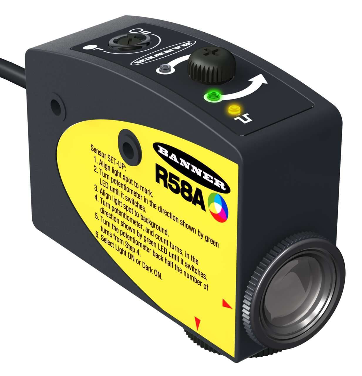 Banner R58ACR2Q R58 A Register Mark Sensor; Input; 10-30 V dc; Output: Bipolar; 1 NPN; 1 PNP; Red Perpendicular Sensing Beam; 150 mm (6 in) 5-pin M12 Pigtail QD R58ACR2Q on Powermatic Associates