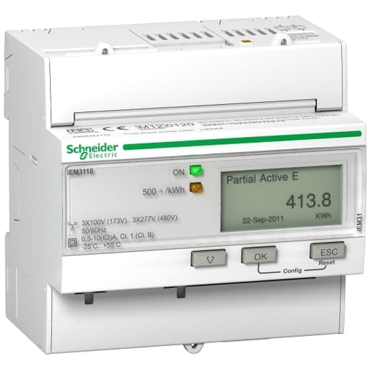 Schneider Electric A9MEM3110 Schneider Electric A9MEM3110 is a digital meter designed for energy measurement within the iEM sub-range. It features an 8-digit graphic LCD display and is capable of direct current measurement up to 63A. This model includes MID certification and offers 1 Digital Output (DO) for enhanced functionality. It is designed with an IP40 degree of protection, ensuring its suitability for various environments when mounted on a DIN rail. The A9MEM3110 supports the MID communication protocol and is compatible with multiple types of networks, including 1P+N, 3P, and 3P+N, with a network frequency range of 50-60 Hz. It operates effectively within an ambient air temperature range of -25 to +55°C. The meter boasts a high sampling rate, with 32 samples per cycle, resulting in 1,600 Hz at 50Hz and 1,920 Hz at 60Hz. It requires a supply voltage of 277-480 V, accommodating a wide range of power systems within the specified frequency range. A9MEM3110 on Powermatic Associates