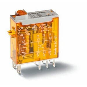 Finder 46.52.9.024.0040 Finder 46.52.9.024.0040 is a relay with solder pin connection type, designed for various rated currents: 8A at 250Vac (AC-1), 6A at 30Vdc (DC-1), 0.5A at 110Vdc (DC-1), and 0.15A at 220Vdc (DC-1). It features normally open (NO) auxiliary contacts and is suitable for supply voltages of 2C/O / DPDT (Double Pole Double Throw). The relay operates within an ambient air temperature range of -40 to +70 degrees Celsius and has a rated voltage for AC operations at 250Vac. It supports a control voltage (AC) of 6 kV and is designed for plug-in mounting with a net depth of 39.3 mm, a mounting mode width of 29 mm, and a power consumption of 0.5 W. The relay is rated for 2 poles, with a response time for 100,000 operations and a durability of up to 10,000,000 operations. The contact material is AgNi (Silver Nickel). 46.52.9.024.0040 on Powermatic Associates