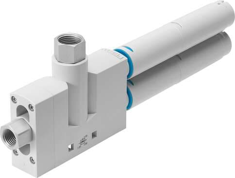 Festo 526141 vacuum generator VN-20-H-T6-PI5-VI6-RO2 Standard, high vacuum width 24 mm, T shape with internal thread and open silencer. Nominal size, Laval nozzle: 2 mm, Grid dimension: 24 mm, Design, silencer: open, Assembly position: Any, Ejector characteristic: (*  526141 on Powermatic Associates