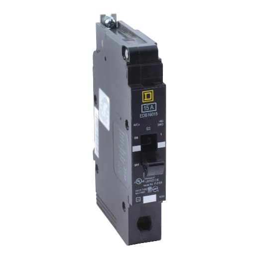 Schneider Electric EGB16015 Square D by Schneider Electric EGB16015 is a Miniature Circuit Breaker (MCB) designed for bolt-on mounting with a visual trip indicator. It features lugs type terminals and operates at a rated voltage of 600 V AC. This MCB is intended for both equipment protection (EPD) and as a branch circuit breaker with a breaking capacity code G. It offers short-circuit and overload protection functions, utilizing an aluminium lugs connection for connectivity. The rated current is 15A, and it is a single-pole device compatible with a cross-section of 14-6AWG for one copper cable. The short circuit breaking rating stands at 18kA for 600Y/347Vac, and it employs a thermal-magnetic trip unit with a protection setting of 875A for the trip unit rating. EGB16015 on Powermatic Associates