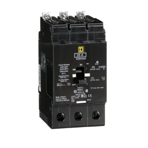 Schneider Electric EDB34025 Square D by Schneider Electric EDB34025 is a Miniature Circuit Breaker (MCB) designed for bolt-on mounting with a visual trip indicator. It features lugs type terminals and an aluminium lugs connection. This MCB operates at a rated voltage of 480 V AC, with a rated current of 25A, and accommodates a wire cross-section of 14-6AWG for one copper cable. It is a 3 Pole device with a short circuit breaking rating of 25kA at 120Vac and 240Vac, and 18kA at 480Y/277Vac. The EDB34025 employs a thermal-magnetic trip unit with protection settings at a trip unit rating of 875A, offering short-circuit and overload protection functions. It serves as both an Equipment Protection Device (EPD) and a Circuit Breaker (CB) with a breaking capacity code D. EDB34025 on Powermatic Associates