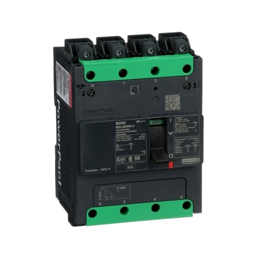 Schneider Electric BDL46090LU Square D by Schneider Electric BDL46090LU is a Moulded Case Circuit Breaker (MCCB) within the PowerPacT BDL sub-range. It features a PowerPact B-Frame 100 TMD 4P 90A design, operating at 600Y/347Vac with a 14kA breaking capacity and includes Everlink (Creep compensating) lugs on both line and load sides, plus a Control Wire terminal (CWT) on the line side only. This MCCB has an IP40 degree of protection, a rated current of 90A, and a rated voltage of 600Vac 600Y/347Vac. It offers mechanical durability of 20,000 operations and can be mounted on a DIN rail or as an individual unit on a plate. The device has 4 poles (4P), with dimensions of 137 mm in height, 80 mm in depth, and 108 mm in width. It falls under utilisation category A and provides over-current protection fixed at 90A, short-circuit hold current protection fixed at 1000A, and short-circuit trip current protection fixed at 1500A. The rated voltage for DC applications is 250Vdc, with a rated insulation voltage (Ui) of 800 V and a rated operating voltage (Ue) of 525 V. It includes thermal protection for overload and magnetic protection for short-circuits, with a trip current rating of 90 AT. The electrical durability with load is rated at 10,000 operations at 440Vac. The frame current rating is 100 AF, and it operates via a toggle (manual) mechanism. The short circuit breaking rating varies by voltage, with 25kA at 240Vac, 18kA at 480Vac and 480Y/277Vac, and 14kA at 600Y/347Vac, all according to UL489 standards. The trip unit is a fixed thermal-magnetic type without a display. BDL46090LU on Powermatic Associates