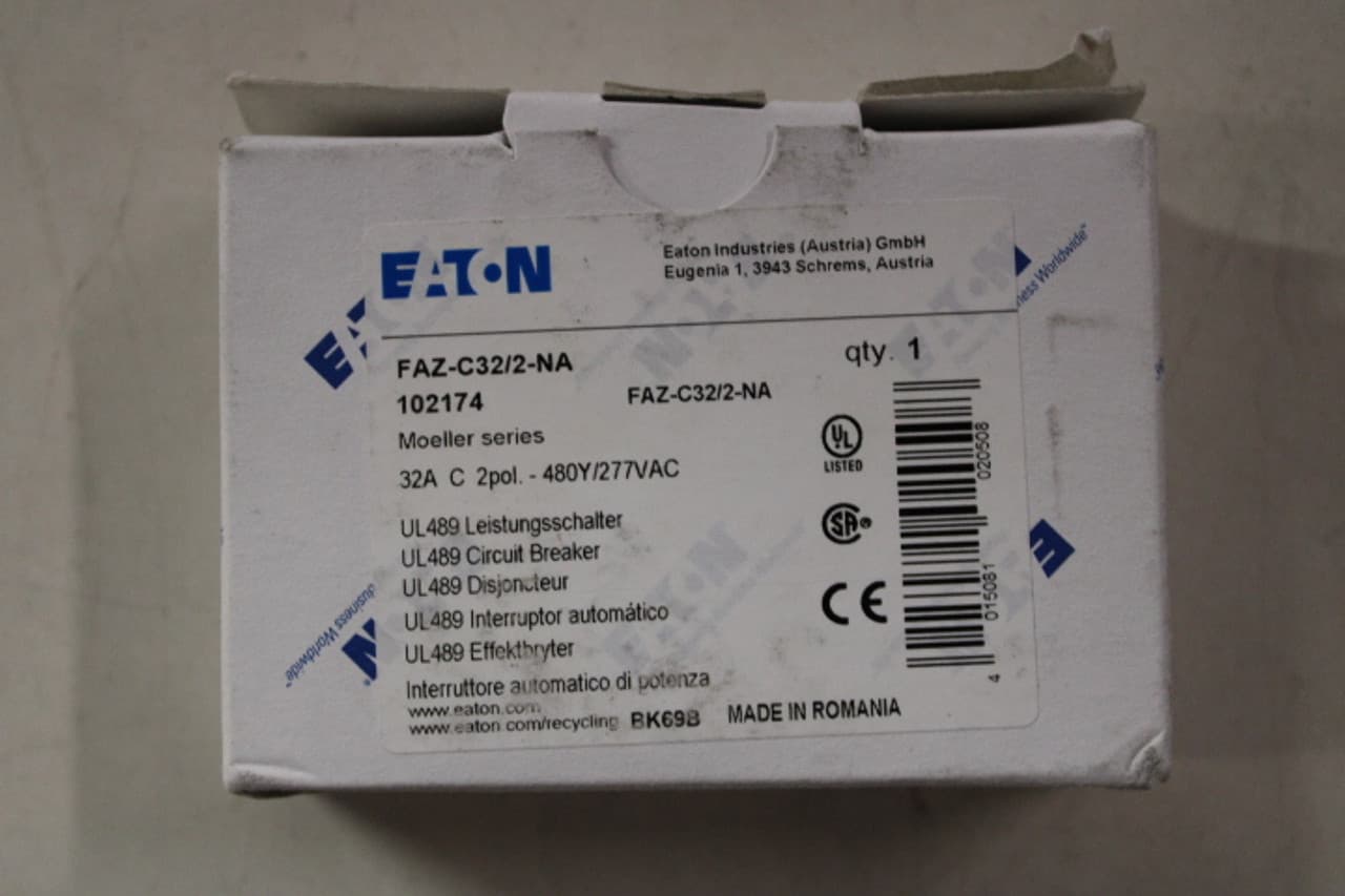 Eaton FAZ-C32/2-NA Miniature circuir breaker, 2 pole, 32 A, C trip curve, 277/480 VAC, screw terminals, UL489 FAZ-C32/2-NA on Powermatic Associates