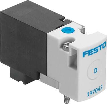 Festo 197006 solenoid valve MHA1-M4H-3/2G-0,6-PI manifold block valve for individual and battery mounting, particularly small design, with plug connection below (plug-in). Valve function: 3/2 closed, monostable, Type of actuation: electrical, Width: 10 mm, Standard no 197006 on Powermatic Associates